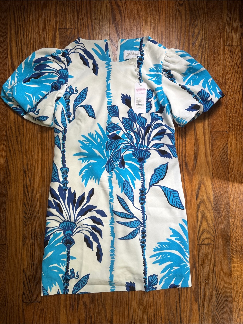 Lilly Pulitzer Blue & White Palm-Print Puff-Sleeve Dress